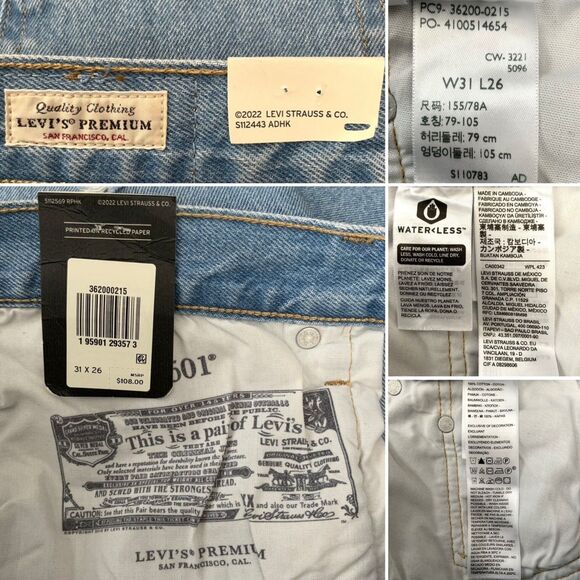 Levi’s Premium 501 Straight Leg Crop Button Fly Distressed Jeans Blue 31 - Picture 4 of 13